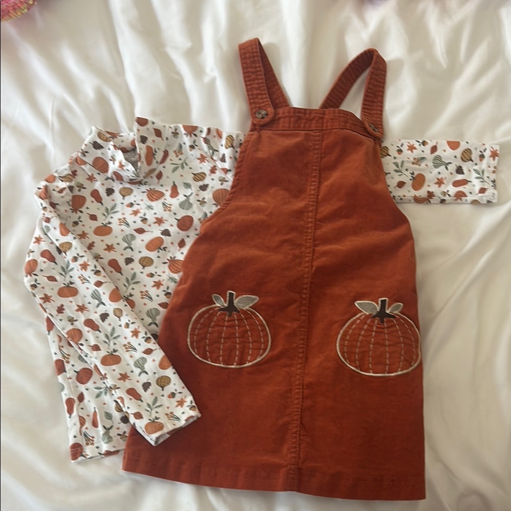 Rust Orange Pumpkin Pinafore Dress & Printed Top - Kids